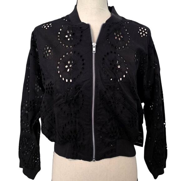 Broadway 38 Black Cotton Floral Pointelle Knit Jacket Size Small - Picture 1 of 8